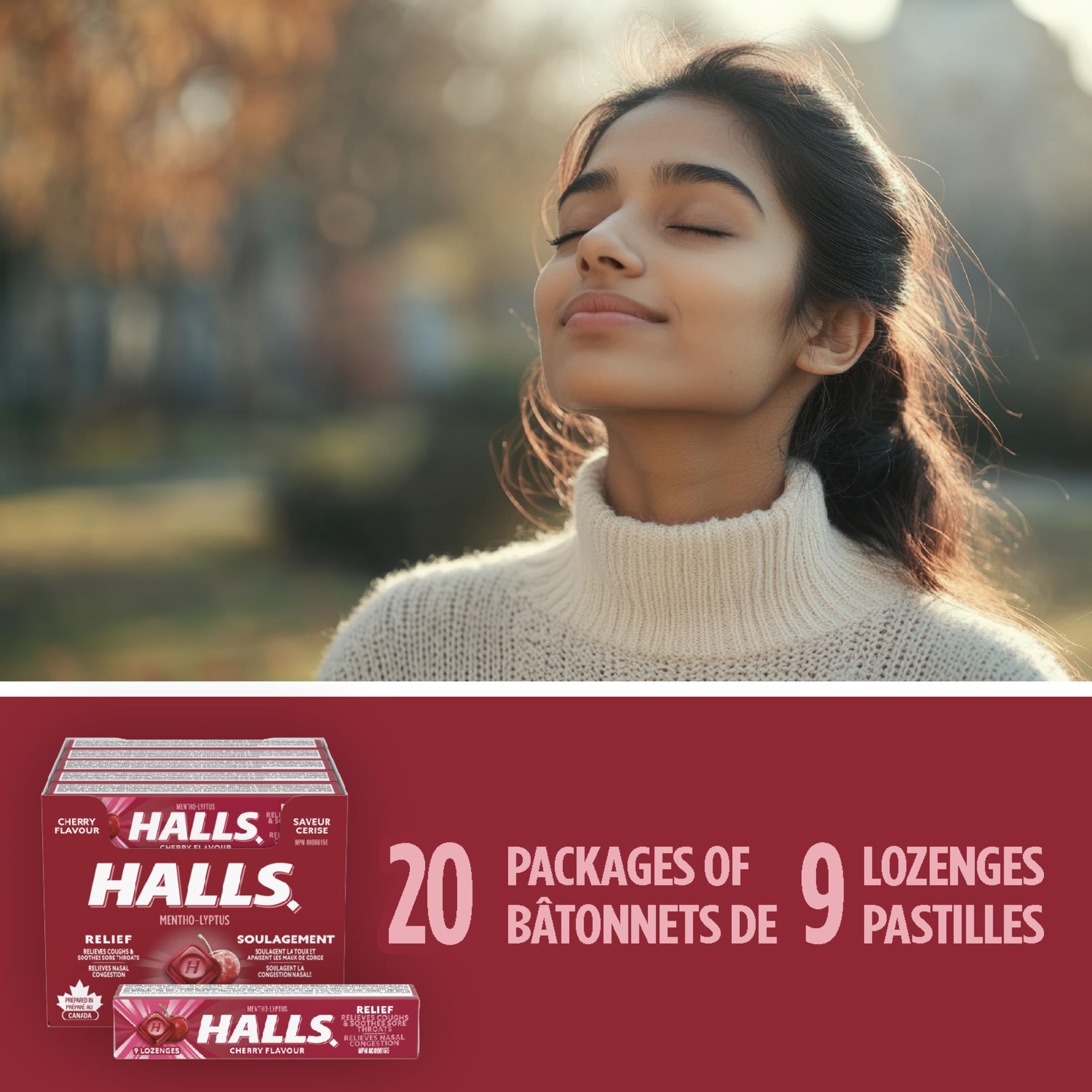 Halls cerise goût fruité et clair pour une pause agréable.