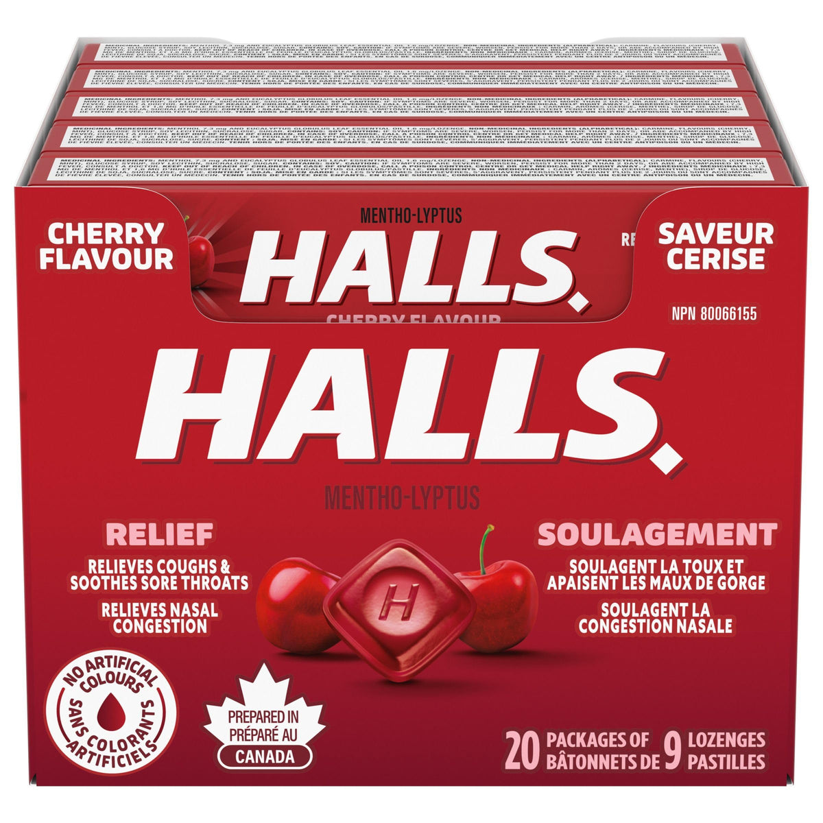 Halls cerise paquets 20x9 pièces, format pratique pour emporter.