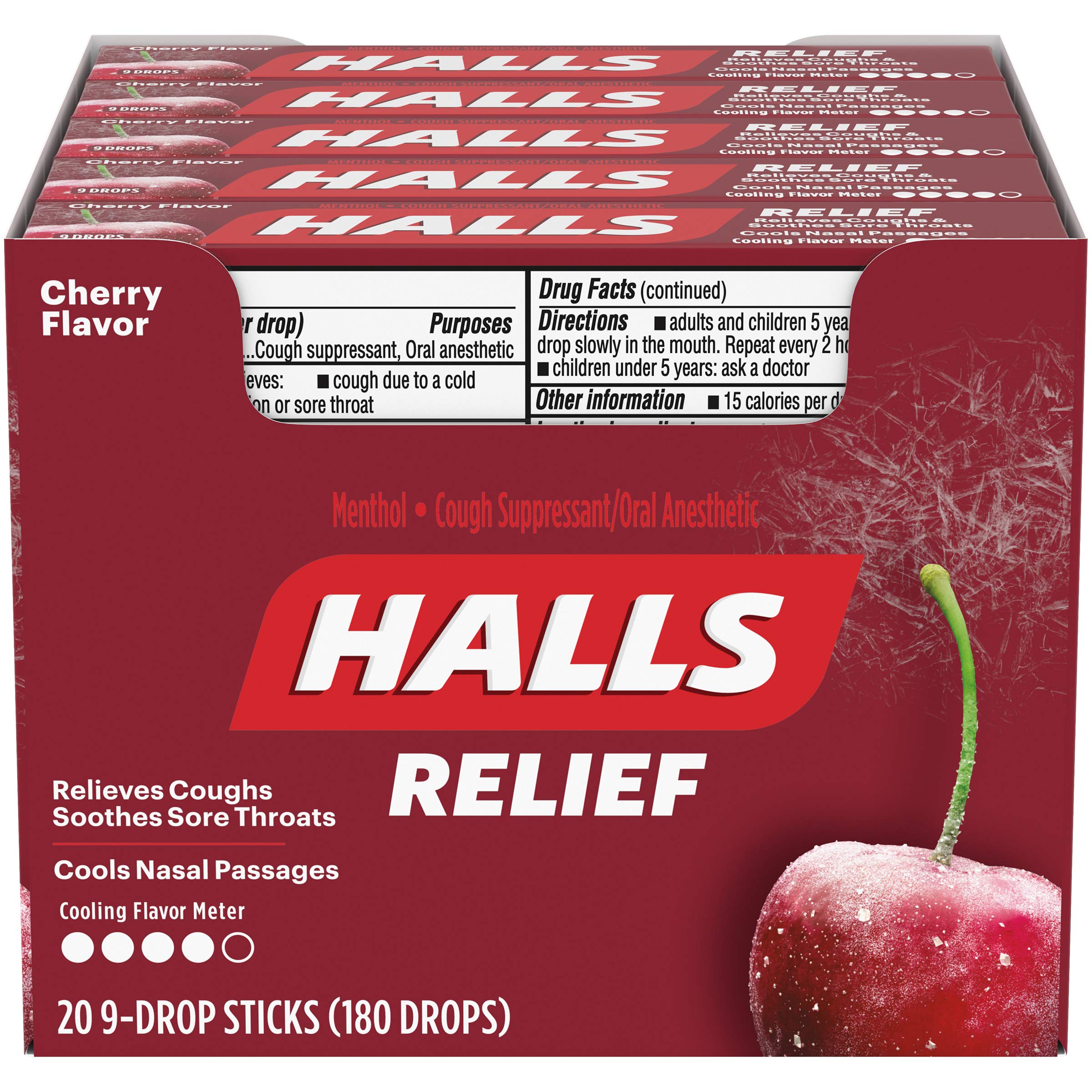HALLS Cerise menthol, arôme frais qui rafraîchit la gorge.