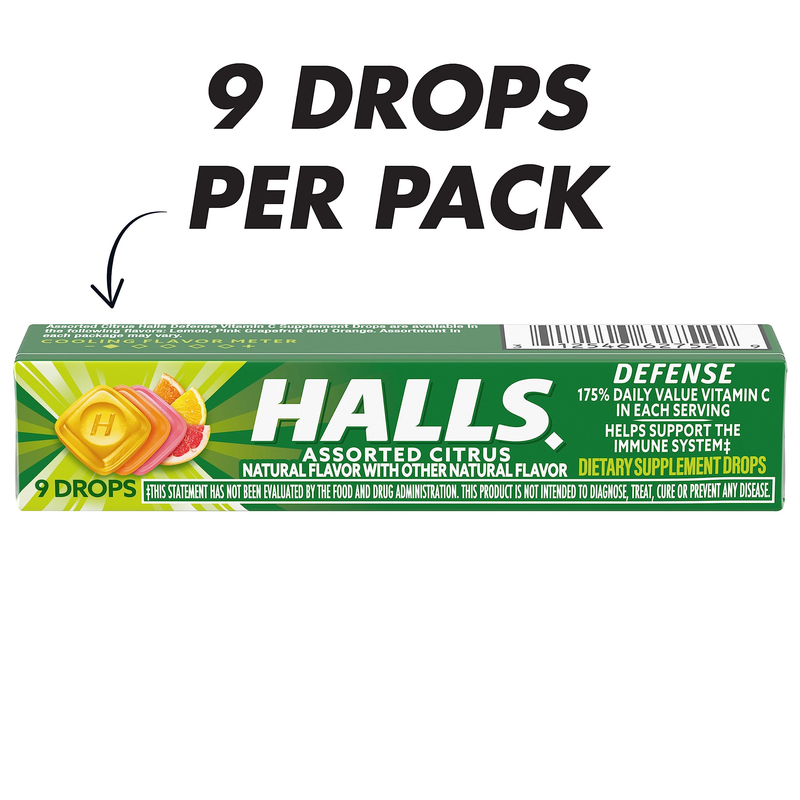 HALLS Defense vitamine C, 180 gouttes, pack interne.