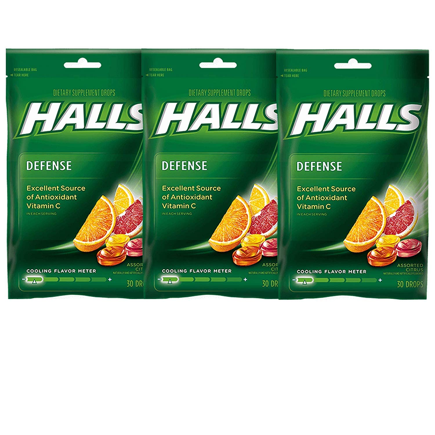 Gouttes HALLS Défense Vitamine C, saveurs agrumes, pratique en déplacement pour le quotidien.