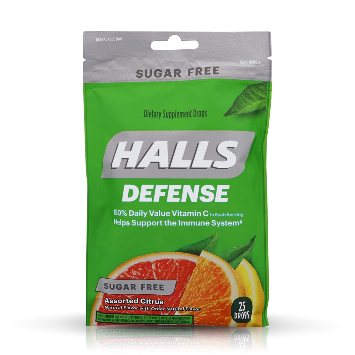 Gouttes Halls Defense Vitamine C sans sucre, saveur agrumes, soutien pratique au quotidien.