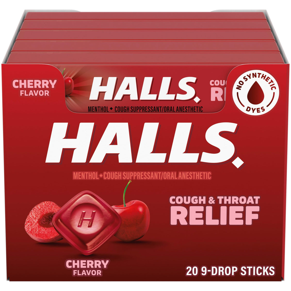 HALLS montre une poche de pastilles cerise rafraîchissantes pour la gorge