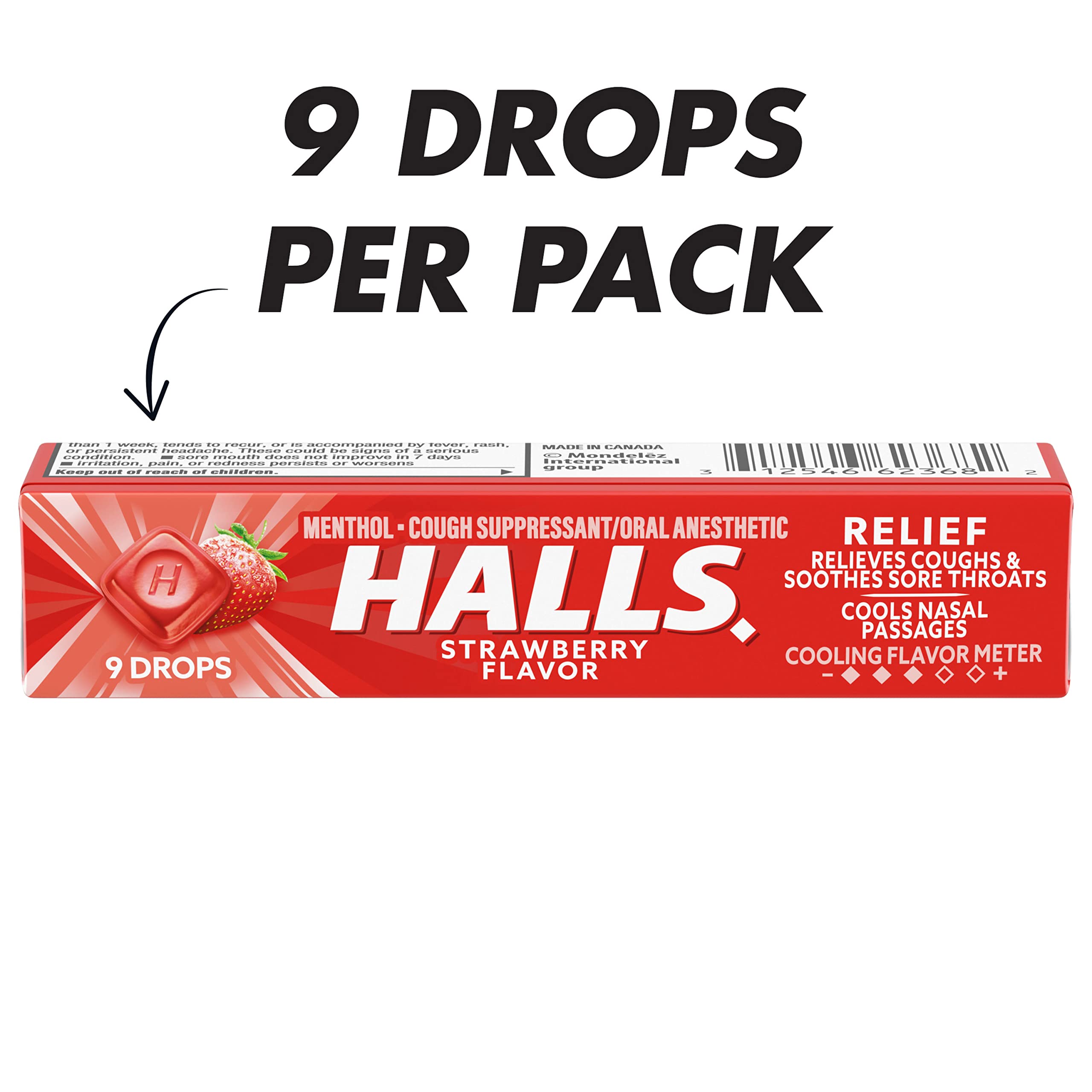 Gouttes mentholées HALLS Relief Fraise, menthol à 3,2 mg par goutte.