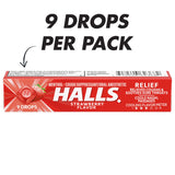 Gouttes mentholées HALLS Relief Fraise, menthol à 3,2 mg par goutte.