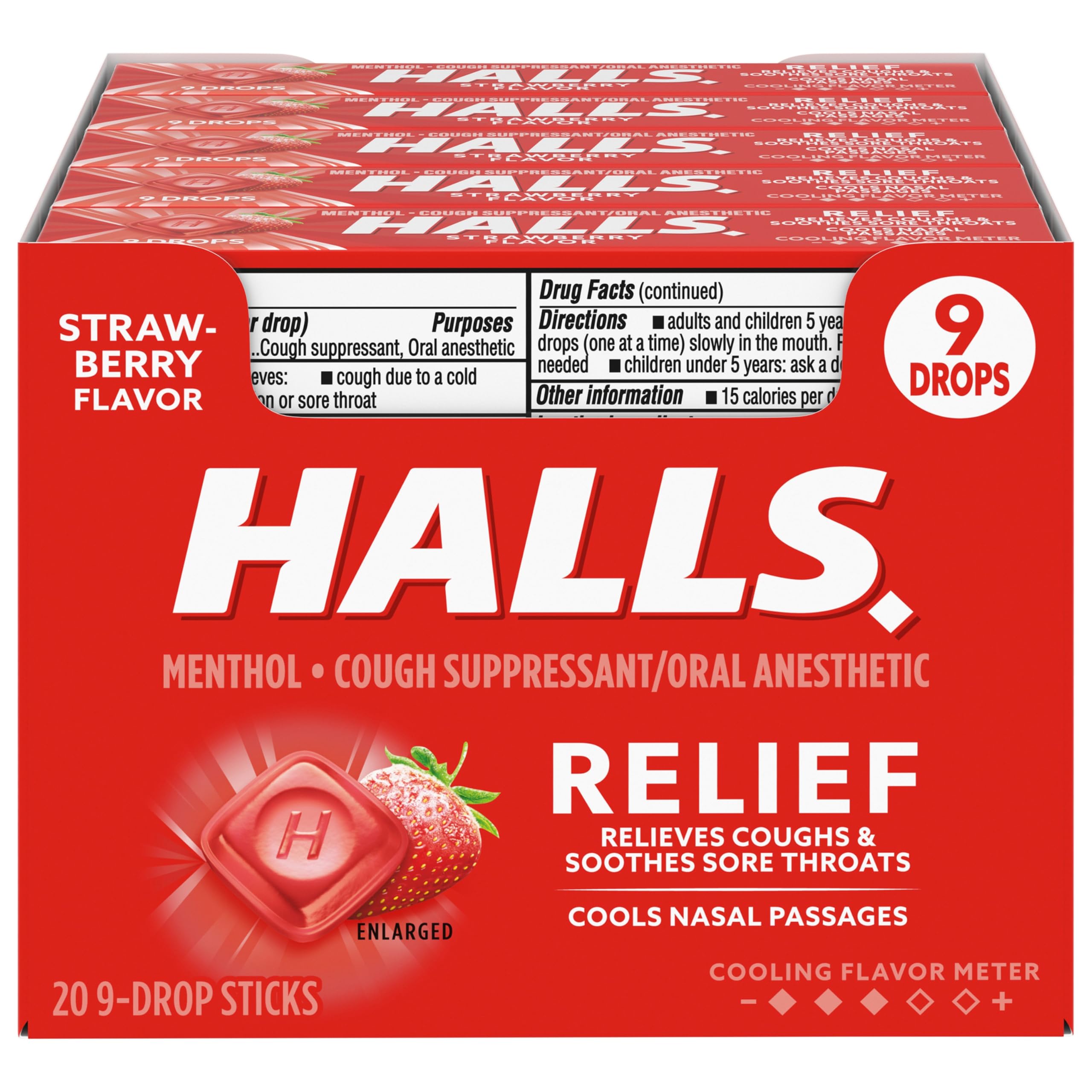 Pastilles HALLS Relief Fraise pour la gorge, faciles à emporter.