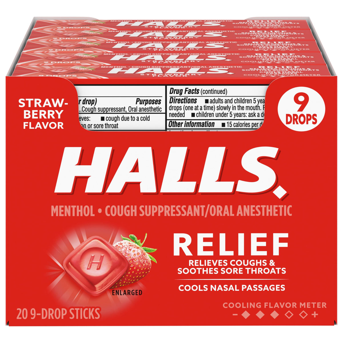 Pastilles HALLS Relief Fraise pour la gorge, faciles à emporter.