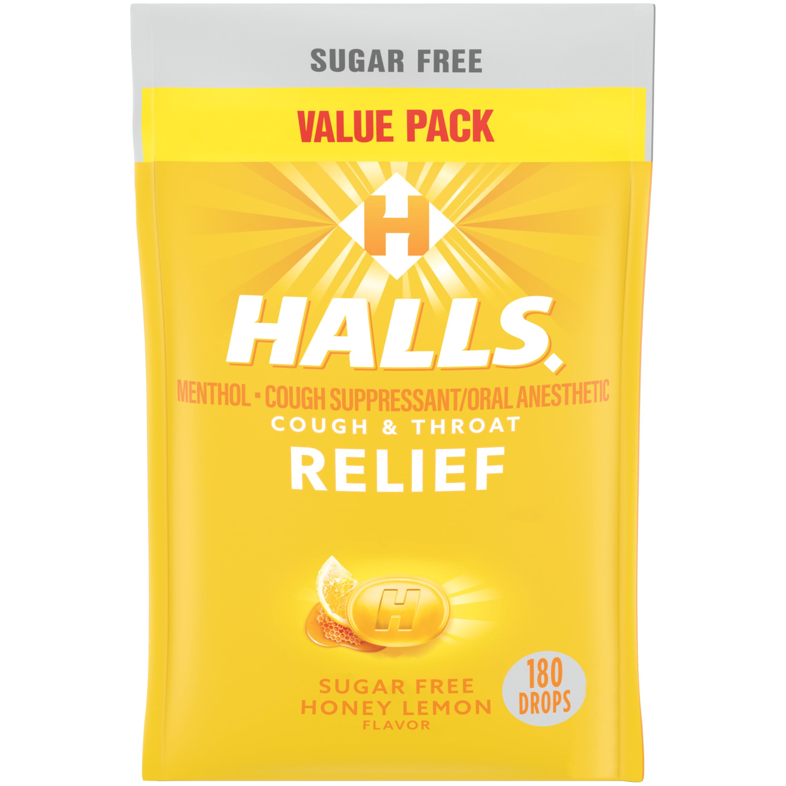 HALLS Relief Miel-Citron sans sucre, boîte de 180 pastilles pour apaiser la gorge.