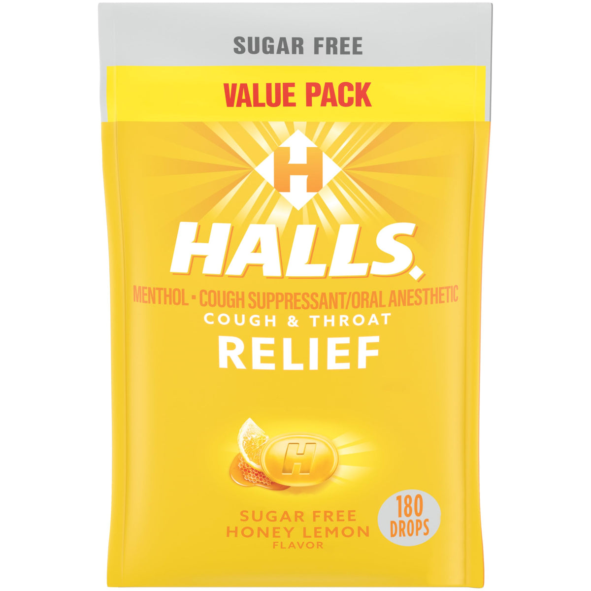 HALLS Relief Miel-Citron sans sucre, boîte de 180 pastilles pour apaiser la gorge.