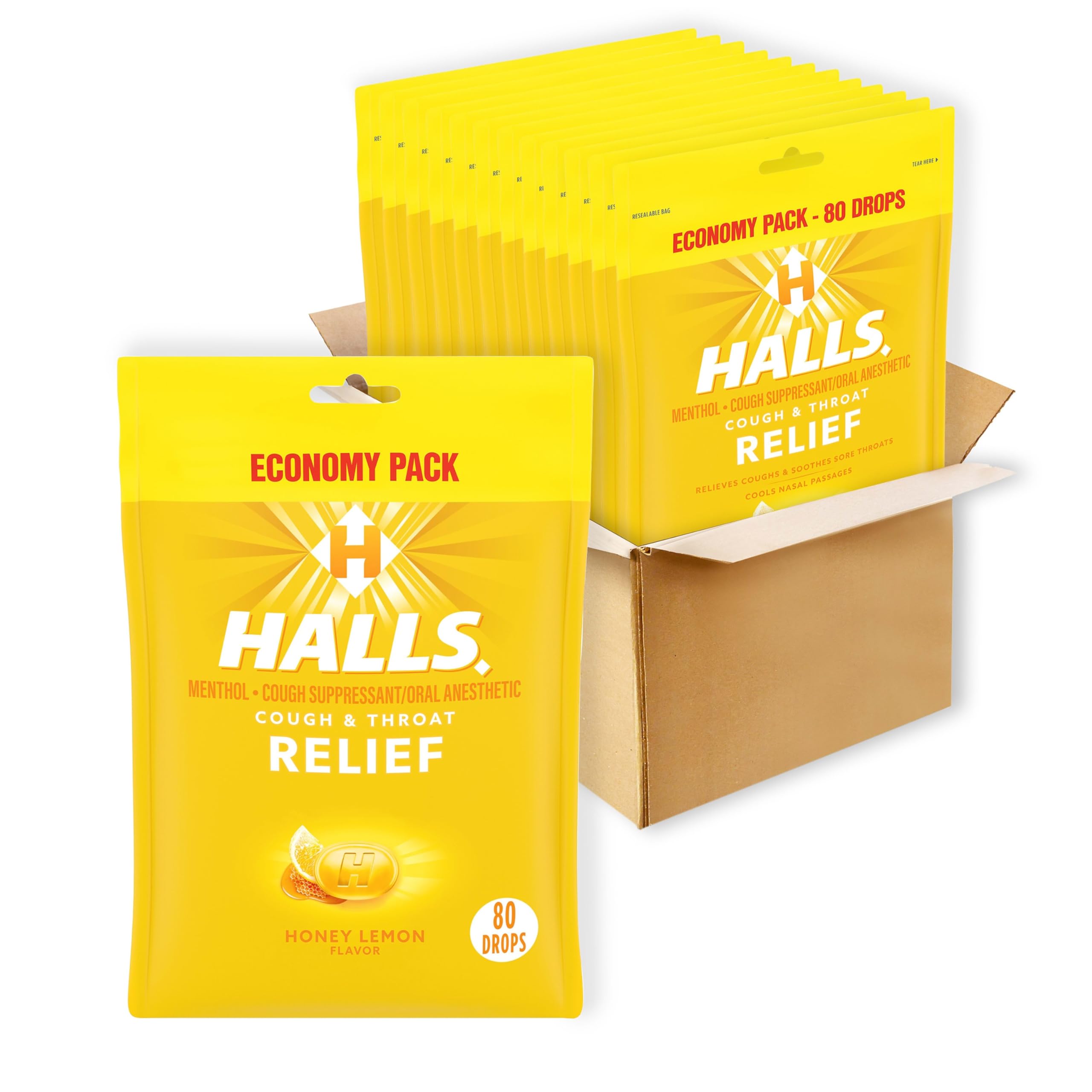 Boîte éco HALLS Relief pastilles miel citron, pratique pour déplacements.