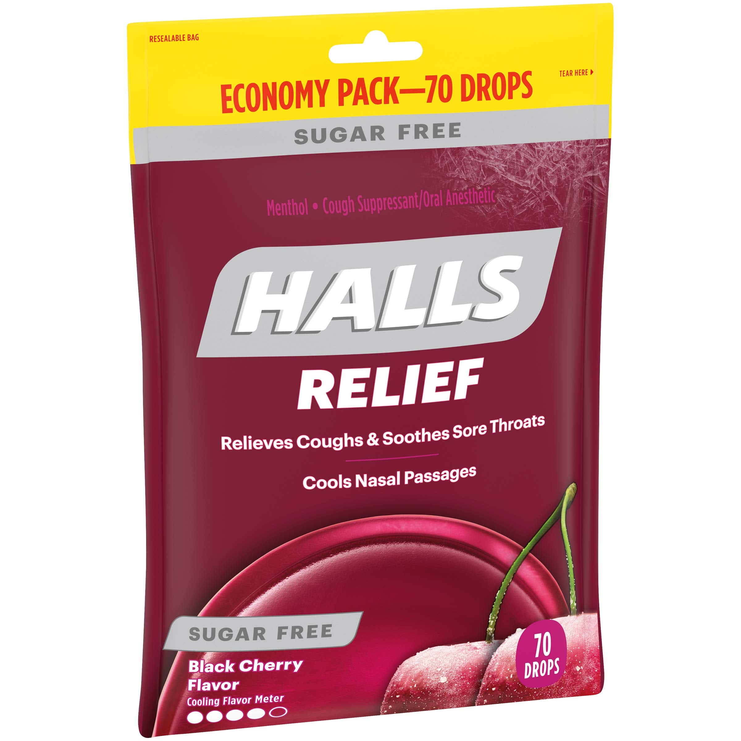 Emballage HALLS sans sucre, sachet de pastilles cerise noire