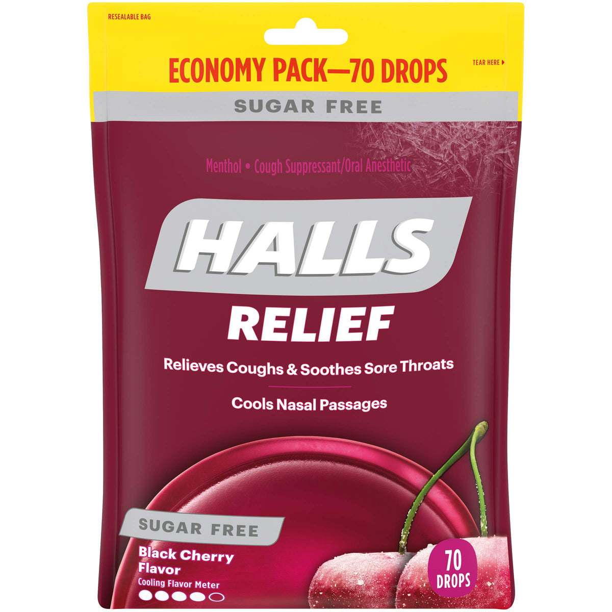 HALLS sans sucre cerise noire, pastille 70, soulage la gorge
