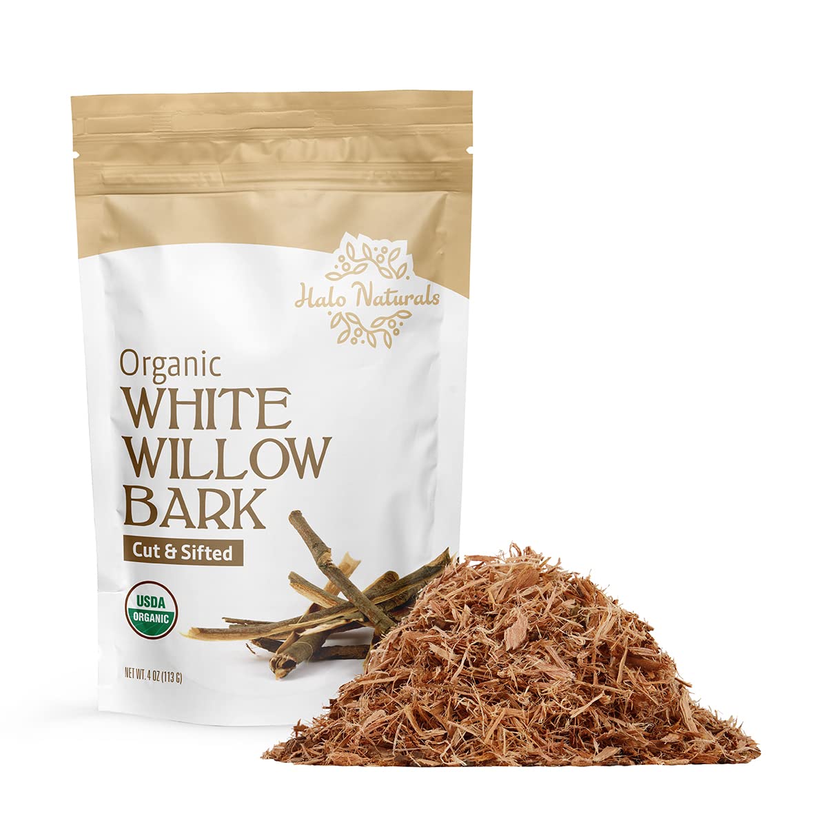 Halo Naturals écorce saule blanche coupée et tamisée, parfaite pour infusion artisanale.