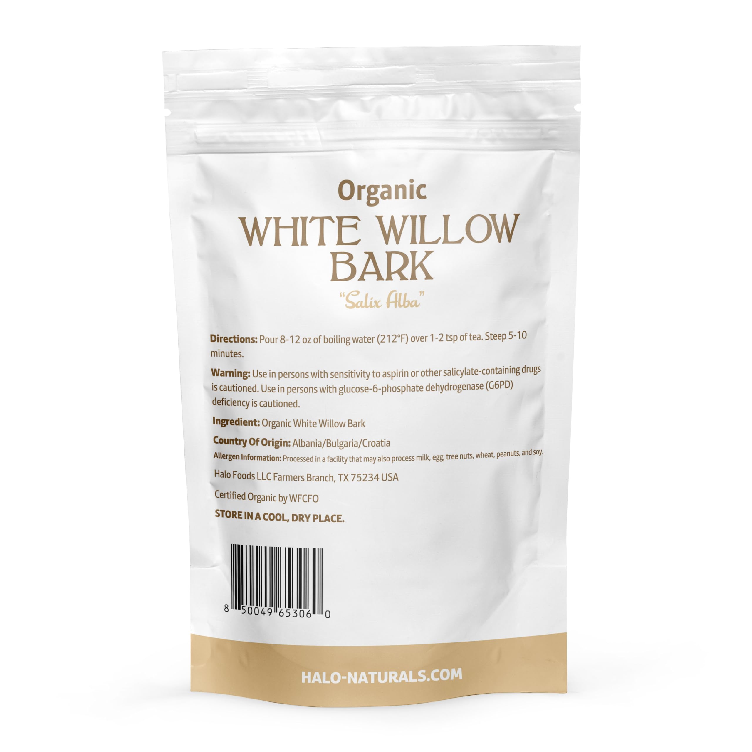 Halo Naturals écorce saule blanche coupée et tamisée, sachet refermable préserve la fraîcheur.