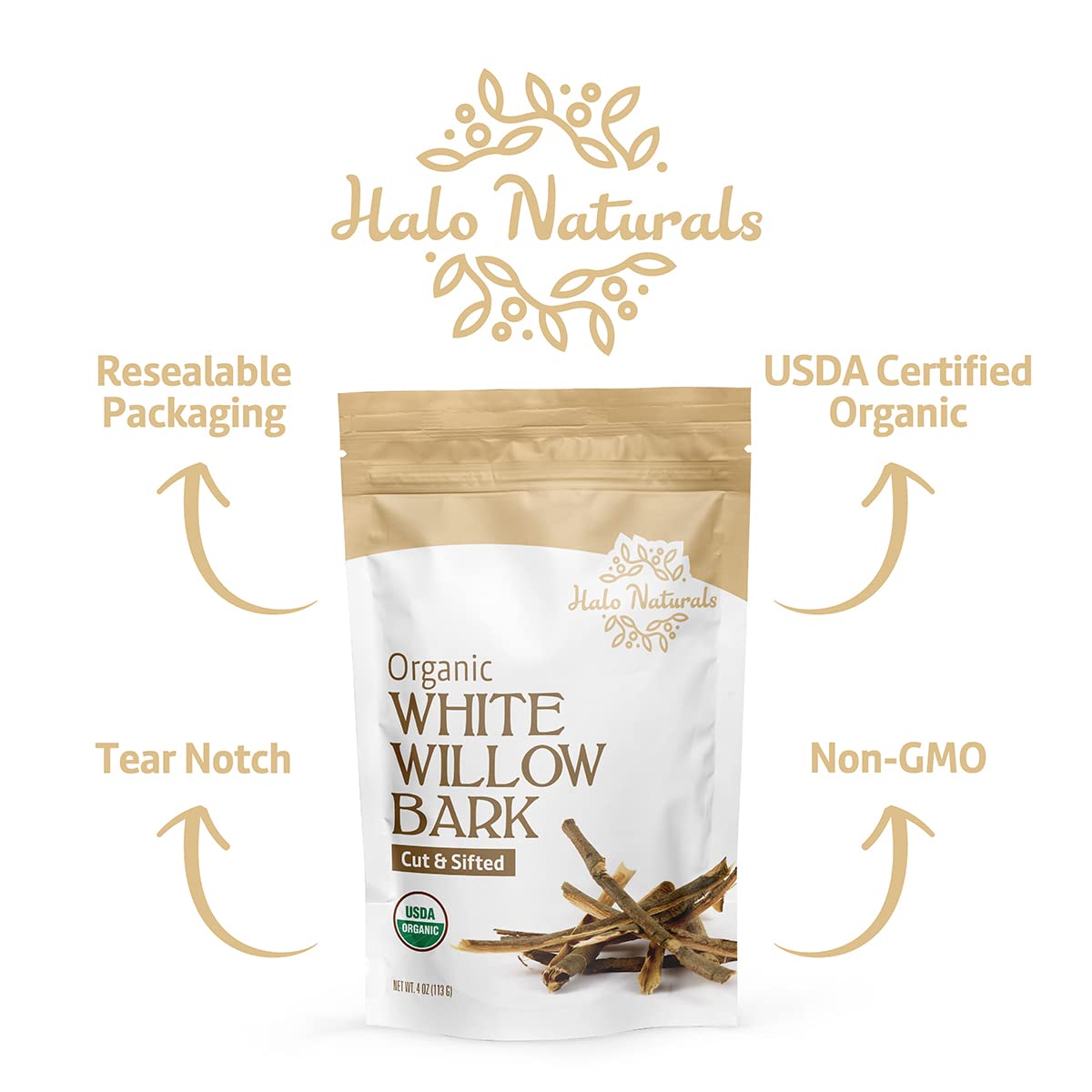 Halo Naturals écorce saule blanche coupée et tamisée, source naturelle pour vos boissons.