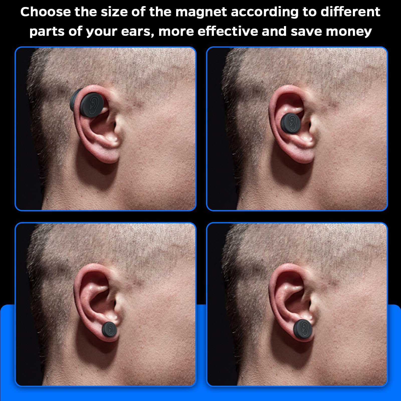 Tailles variées des aimants pour ajustement précis selon la forme de l’oreille.