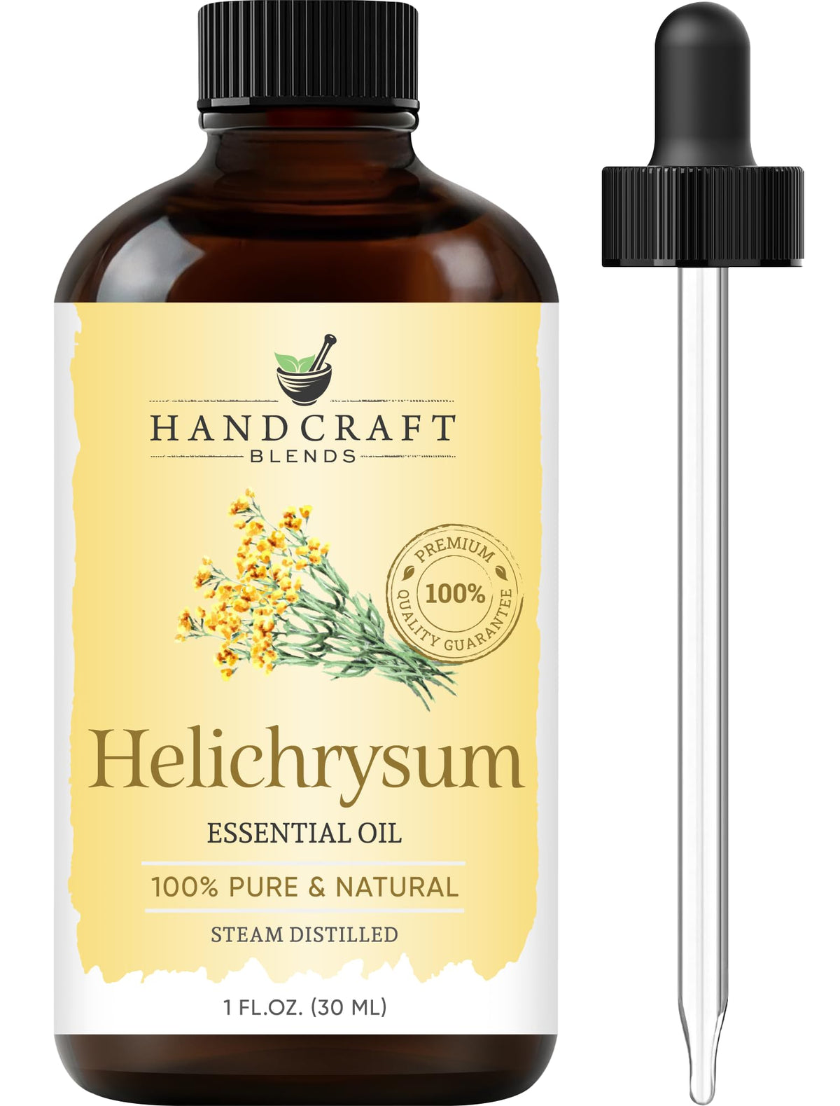 Handcraft Blends Helichrysum en flacon ambré préserve pureté et arôme.