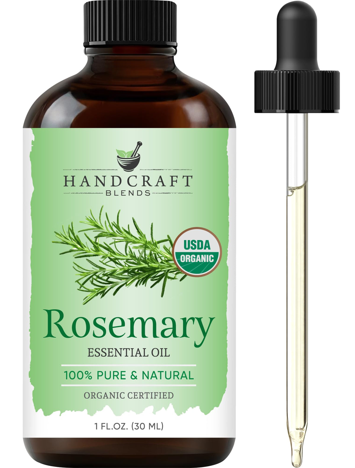 Huile essentielle de romarin Handcraft Blends dans bouteille ambrée, pure et aromatique.
