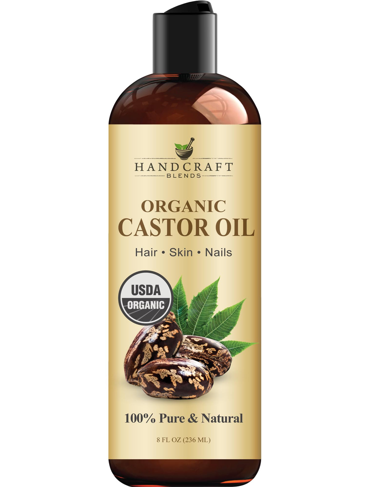 Flacon d'huile de ricin Handcraft Blends, usage cosmétique polyvalent.
