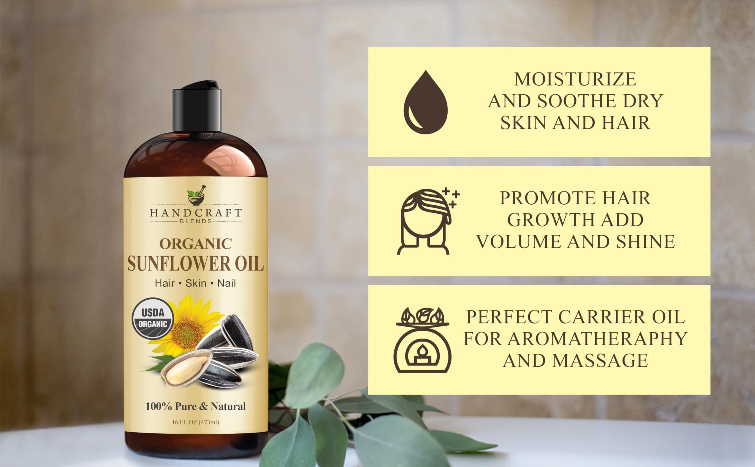 Handcraft Blends huile tournesol bio pour massage corporel: support neutre et apaisant.