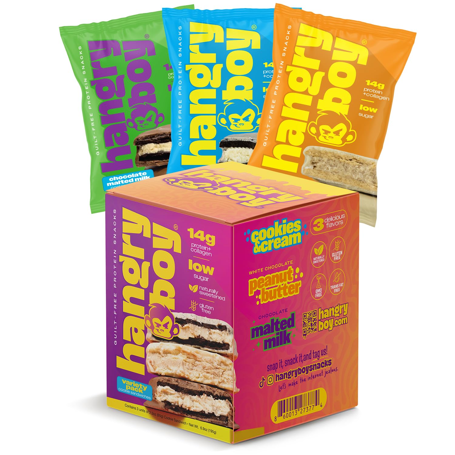 Hangryboy Cookie Sandwich protéiné, 14 g, parfait après l'entraînement.
