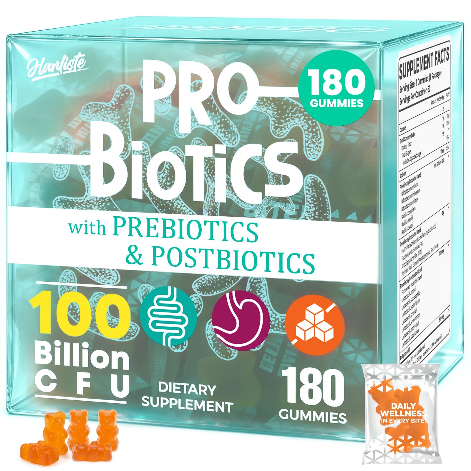 Hanliste Gummies Probiotiques, 100 milliards CFU, saveur orange, soutien digestif.
