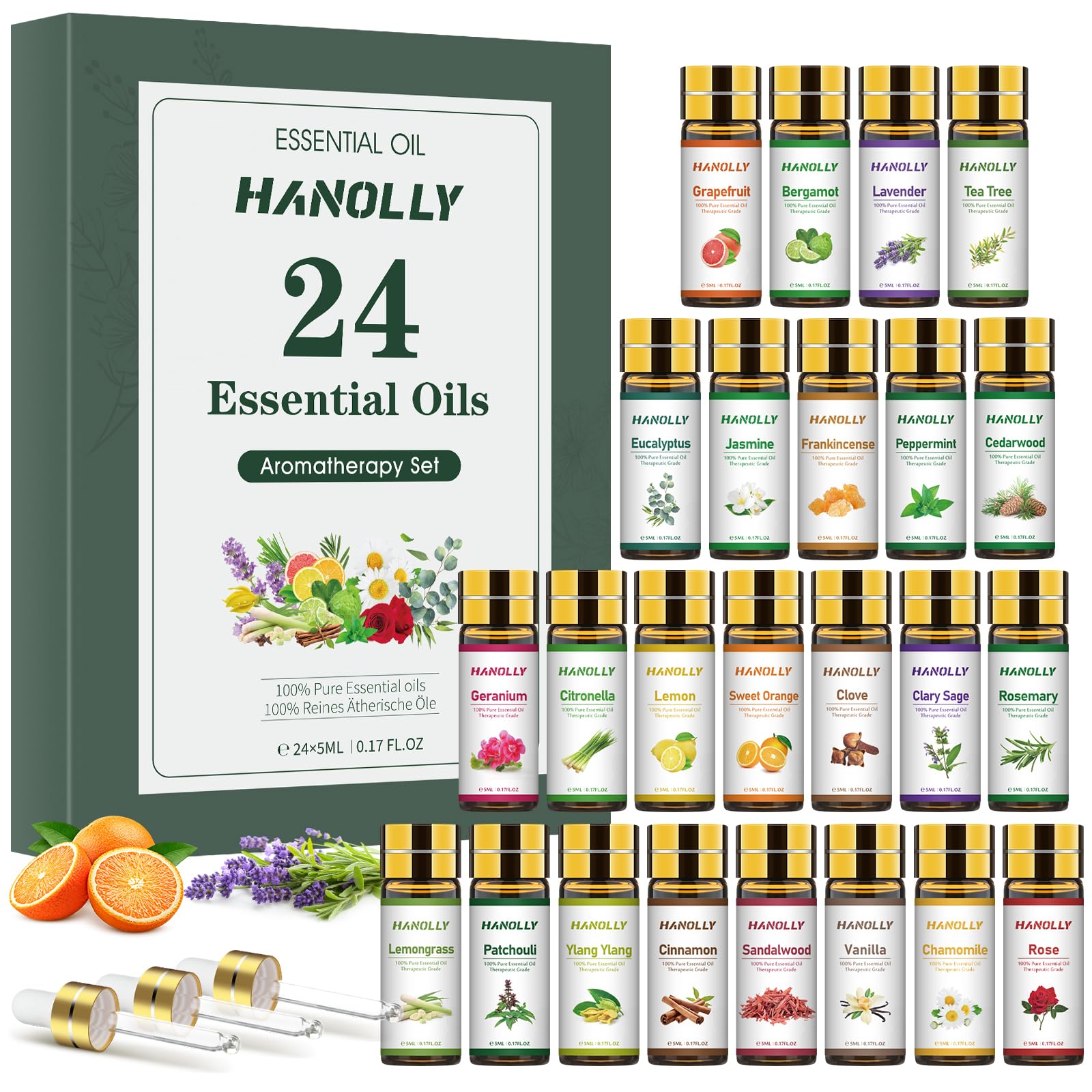 Hanolly huiles essentielles : 24 bouteilles noires préservant leur parfum durable pour diffusion.