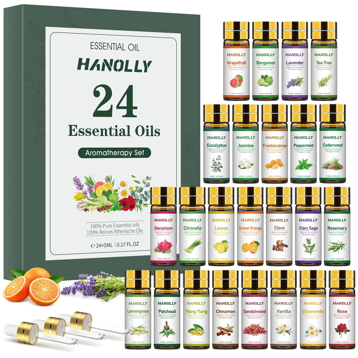 Hanolly huiles essentielles : 24 bouteilles noires préservant leur parfum durable pour diffusion.