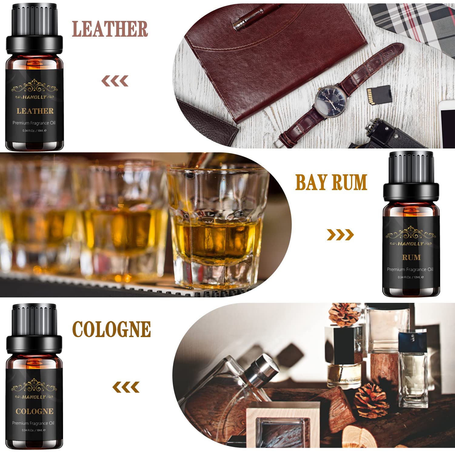 Hanolly huile essentielle cuir en flacon 10 ml, senteur masculine durable.
