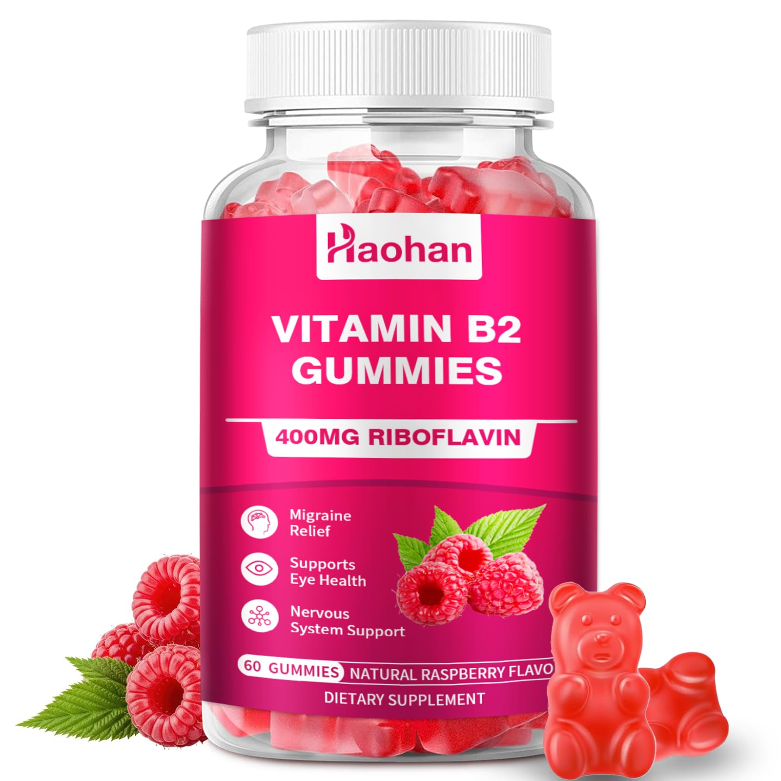 Gommes Haohan B2 400 mg, framboise sans sucre, soutien potentiel du système nerveux.