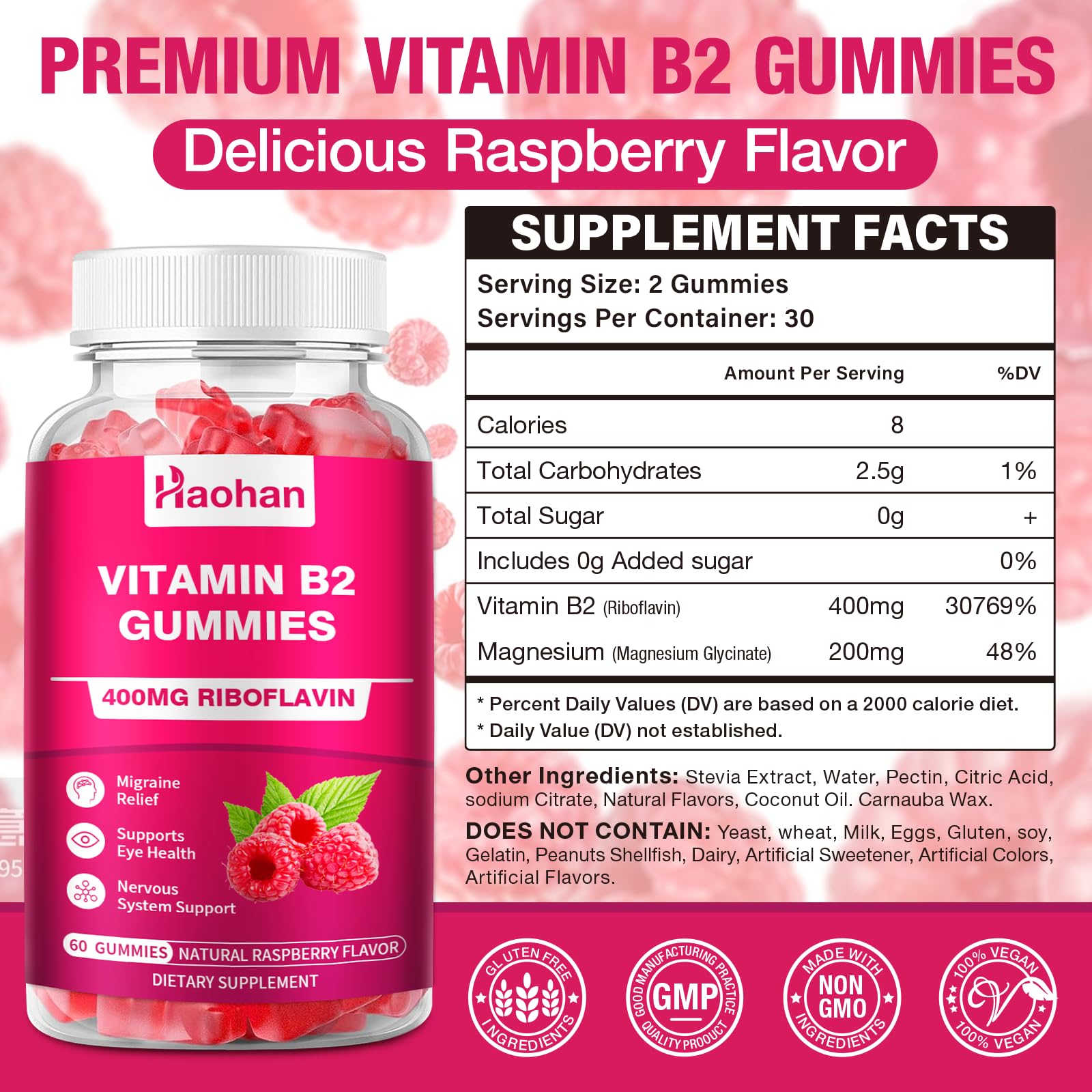 Gommes Haohan B2 400 mg Magnésium, framboise sans sucre, soutien potentiel des muscles.