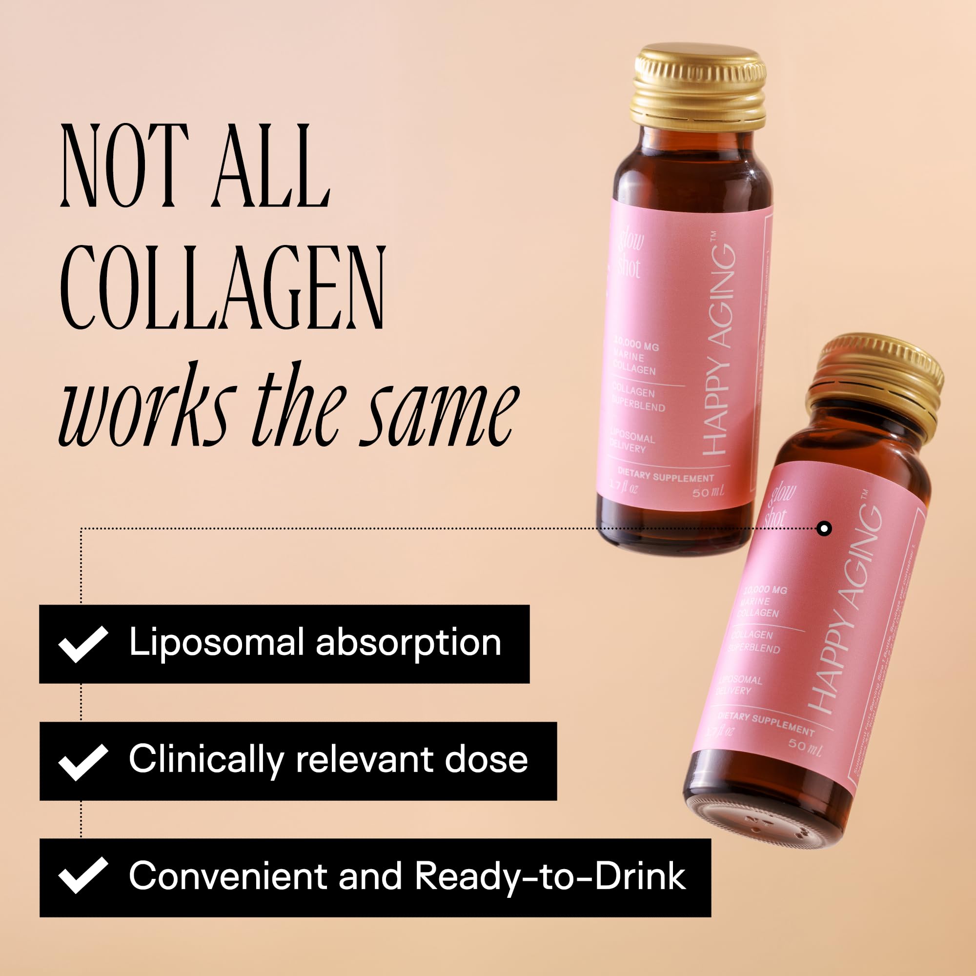 Étiquette Happy Aging Glow Shot soulignant l'hydratation et la liposomale