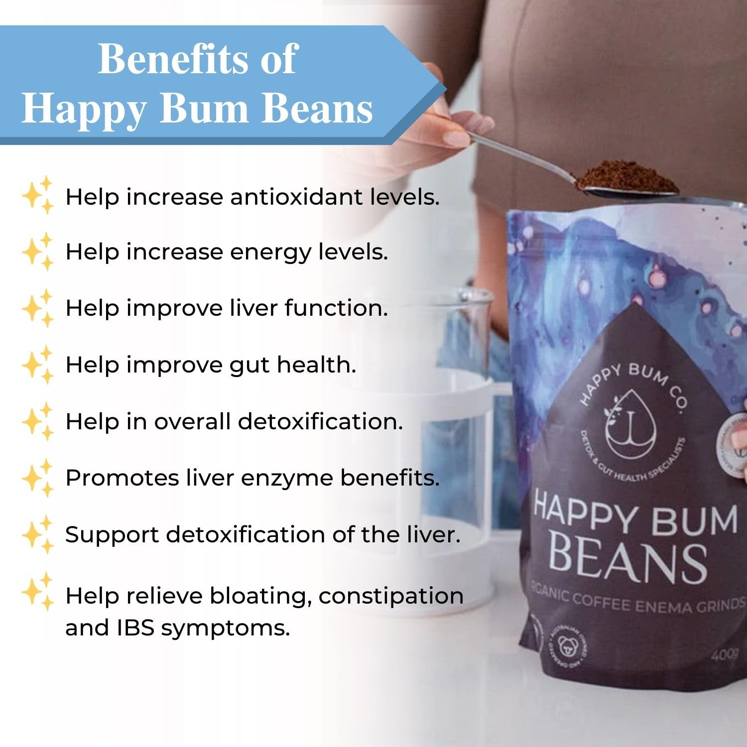 Happy Bum Co Café Lavement – tasse prête à préparer rapidement.