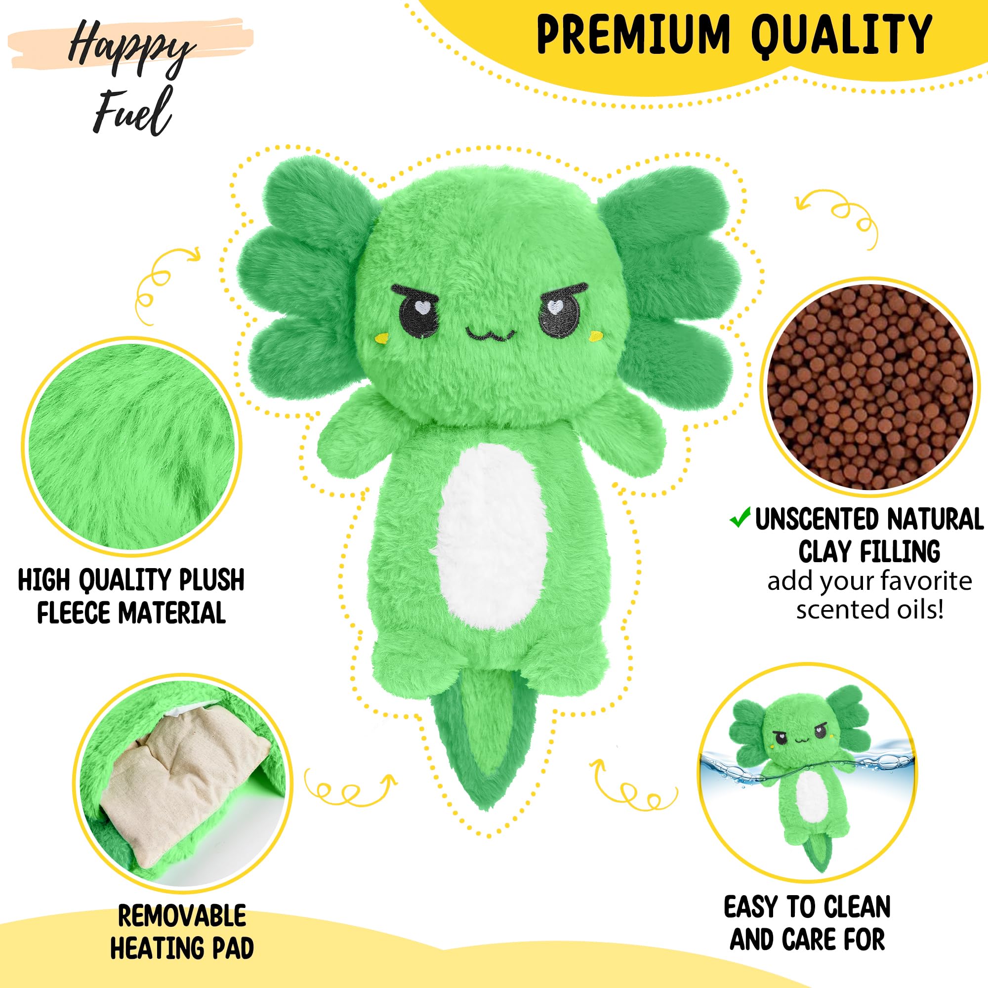 Coussin thermique axolotl Happy Fuel procurant une chaleur ciblée et apaisante.