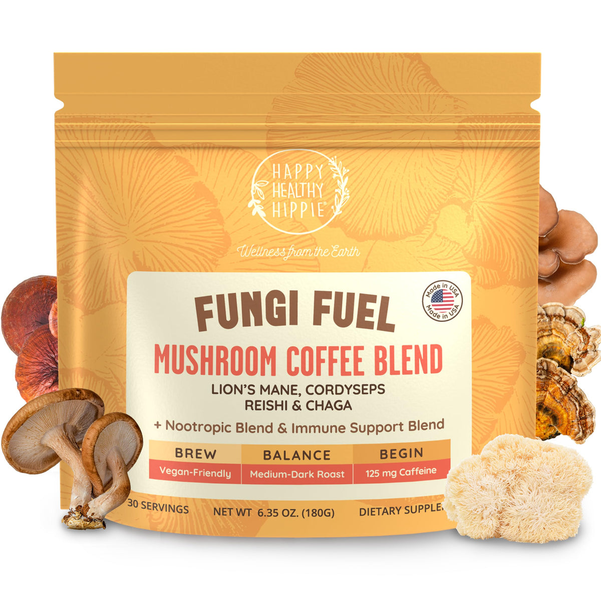 Emballage Happy Healthy Hippie café champignons instant; préparation rapide et pratique.