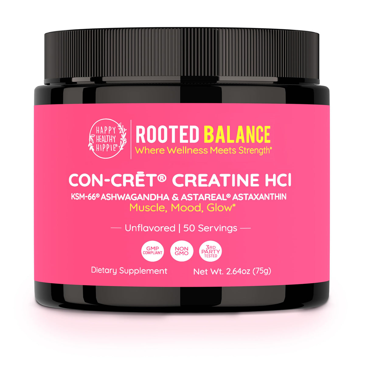 Happy Healthy Hippie Créatine HCl Powder en flacon, absorption rapide et digestion douce.