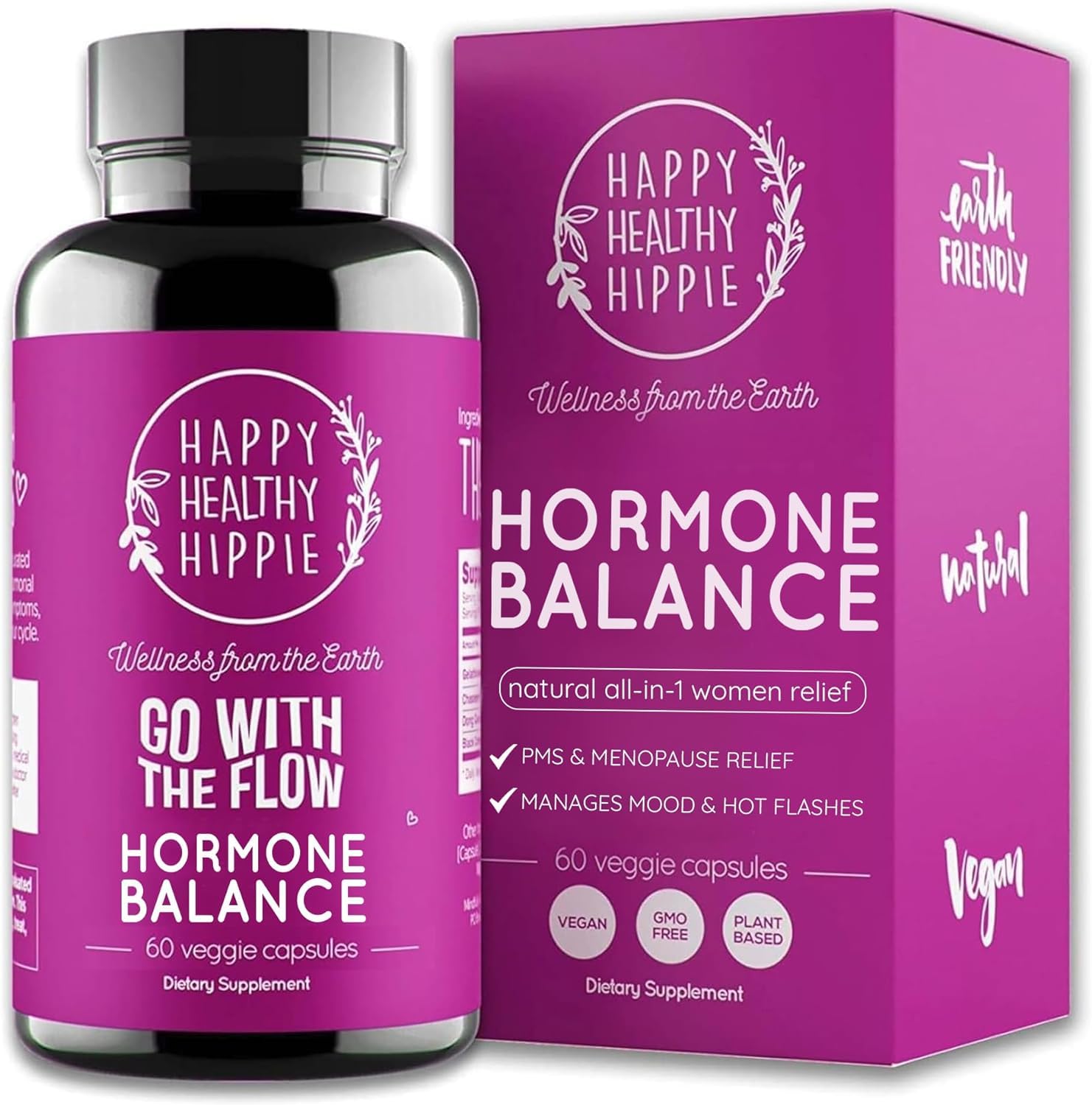 Bouteille Happy Healthy Hippie avec étiquette claire, symbole d'équilibre hormonal.