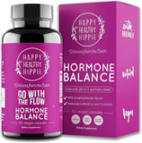 Bouteille Happy Healthy Hippie avec étiquette claire, symbole d'équilibre hormonal.