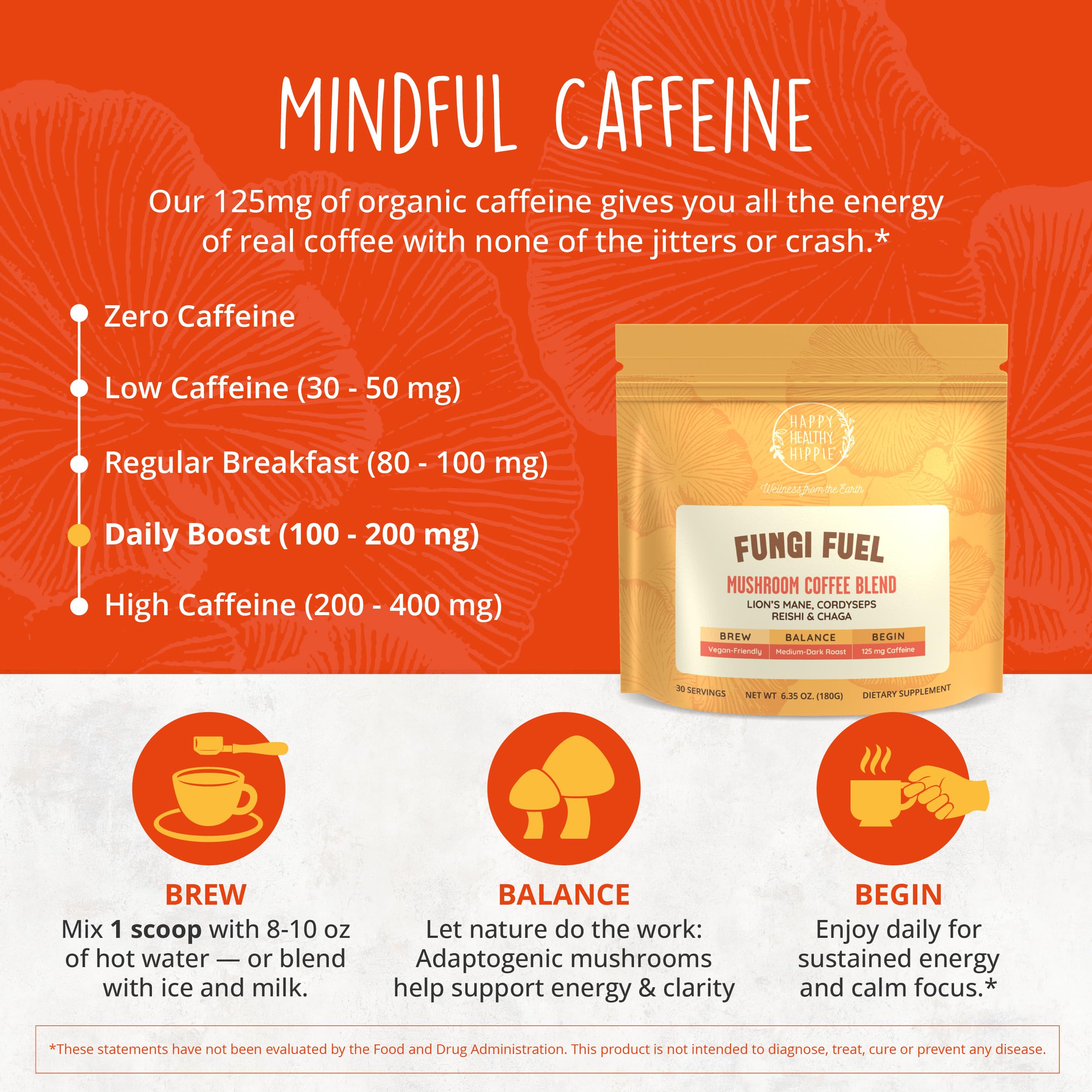 Tableau d'ingrédients Happy Healthy Hippie avec prébiotiques pour digestion douce.