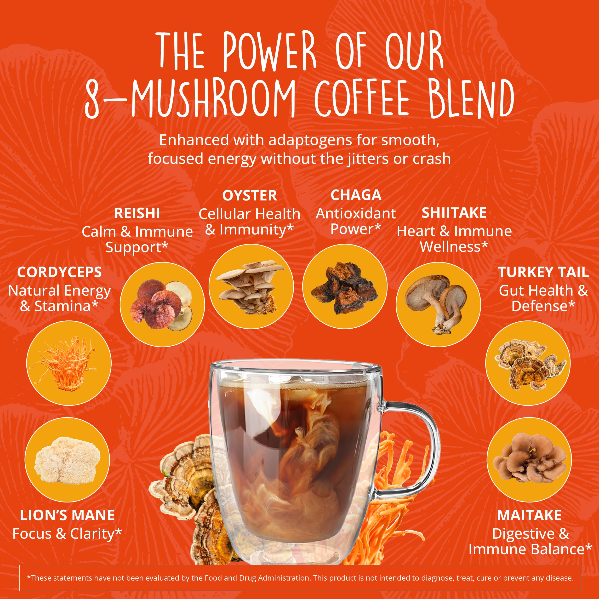 Tasse chaude Happy Healthy Hippie café champignons, arôme riche et équilibré.