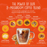 Tasse chaude Happy Healthy Hippie café champignons, arôme riche et équilibré.