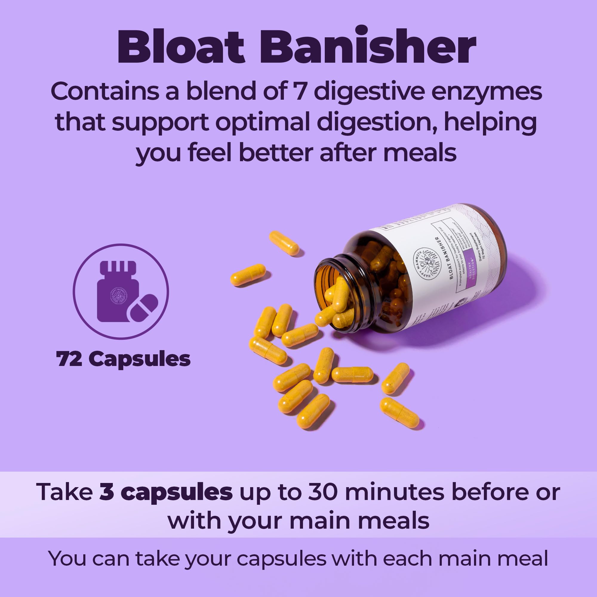 Happy Mammoth Bloat Banisher – étiquette indiquant ingrédients naturels et usages.