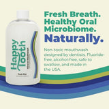 Happy Tooth bain de bouche – emballage clair et étiquette lisible pour un choix éclairé.