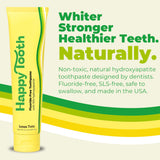 Étiquette Happy Tooth sur l'emballage, sans fluorure ni SLS.