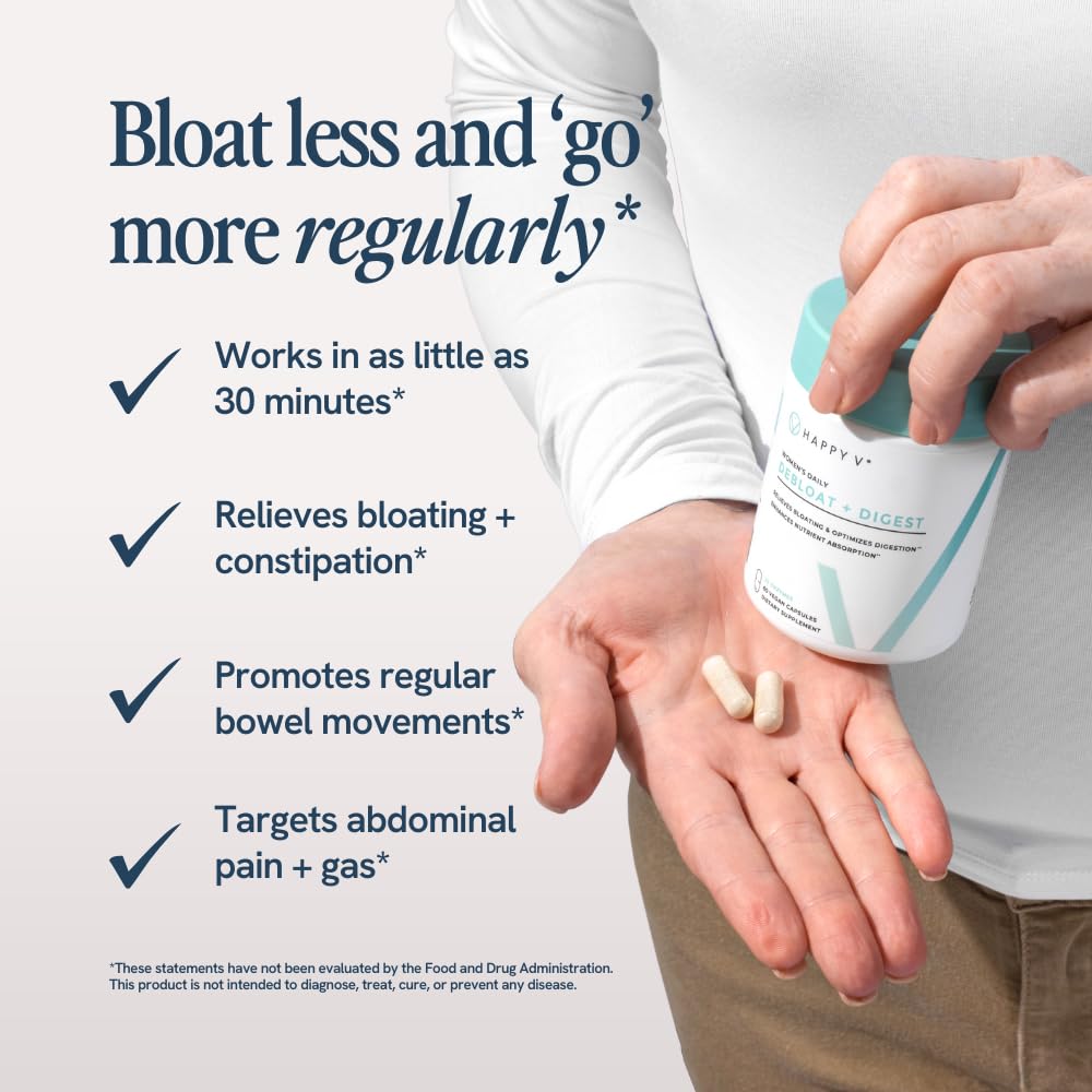 Happy V Débloat + Digest – bouteille, présentation pratique pour routine digestive.
