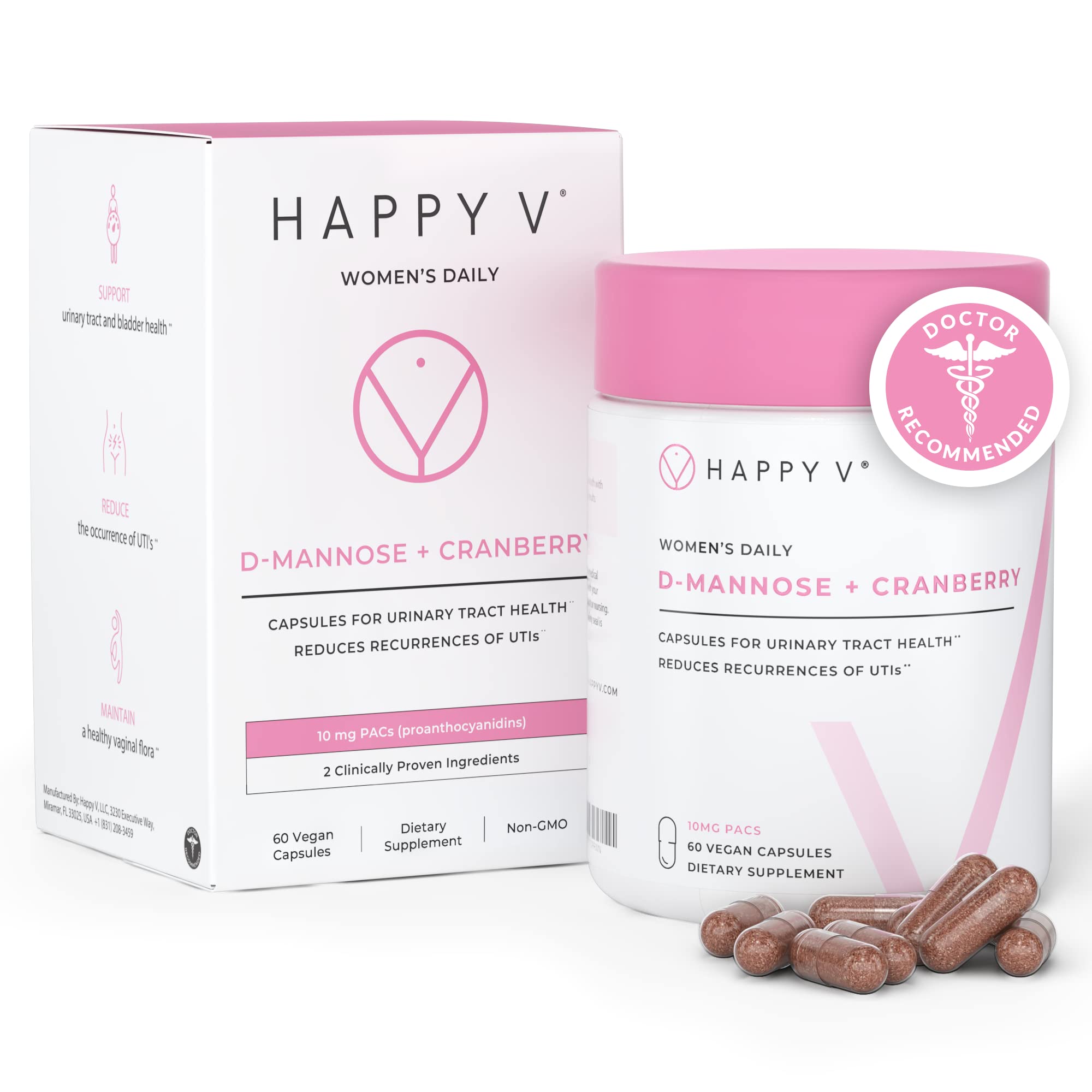 Happy V D-Mannose Cranberry: gélules en boîte pour maintien quotidien de la santé urinaire.