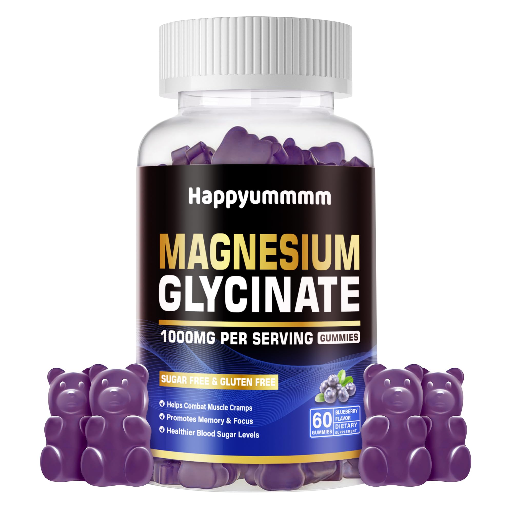 Happyummmm gommes magnésium glycinate - bouteille bleue, douceur et soutien potentiel du sommeil