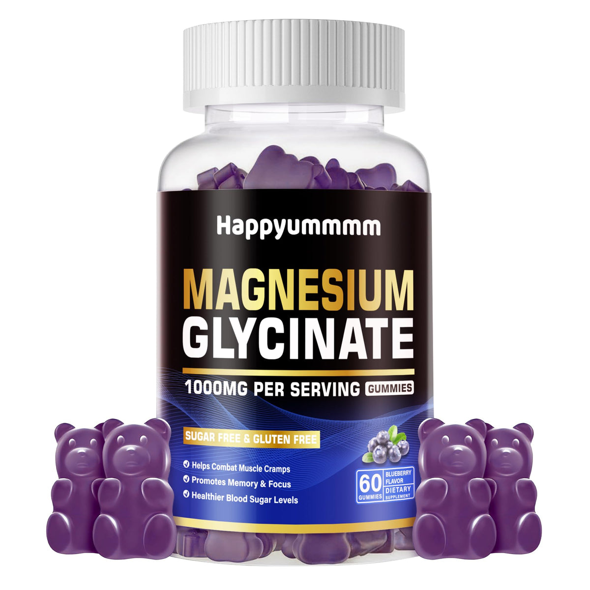 Happyummmm gommes magnésium glycinate - bouteille bleue, douceur et soutien potentiel du sommeil