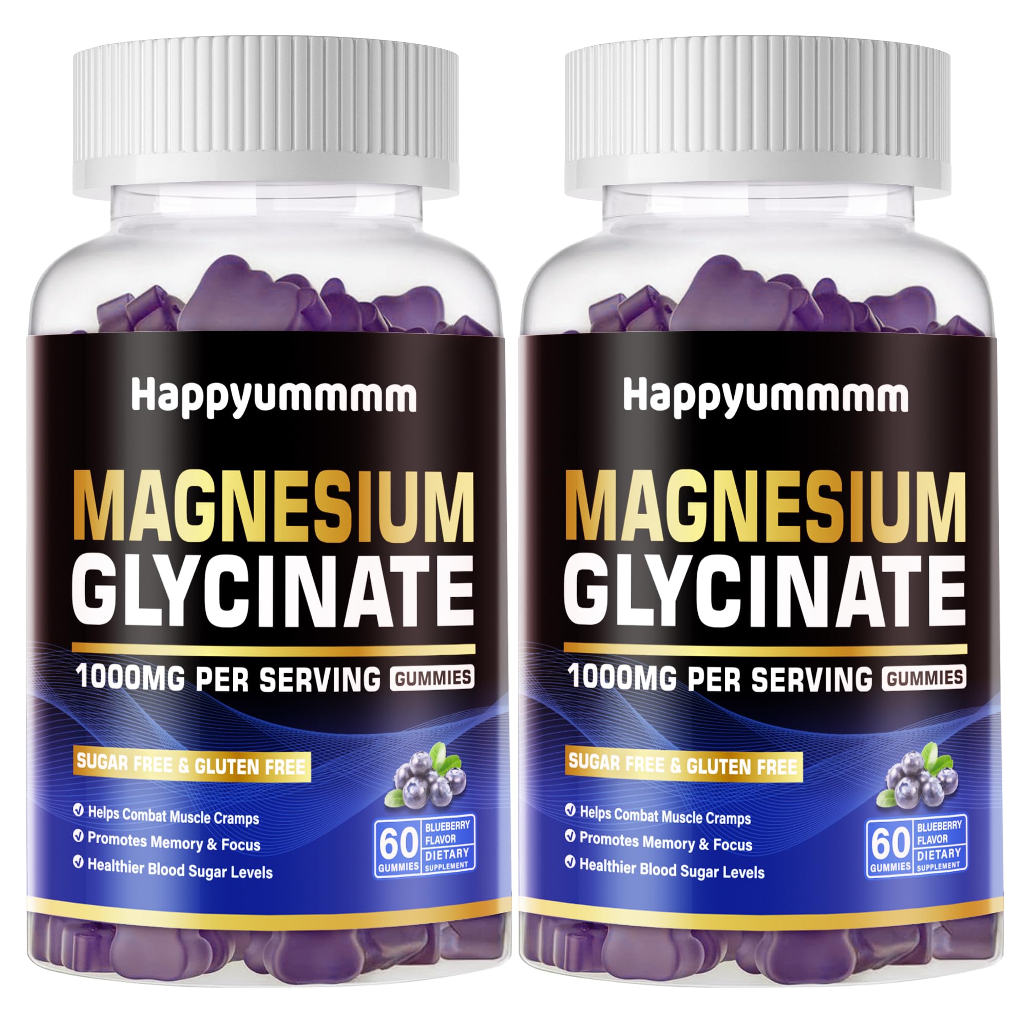 Gommes Happyummmm magnésium myrtille en bouteille, soutien potentiel à la détente.