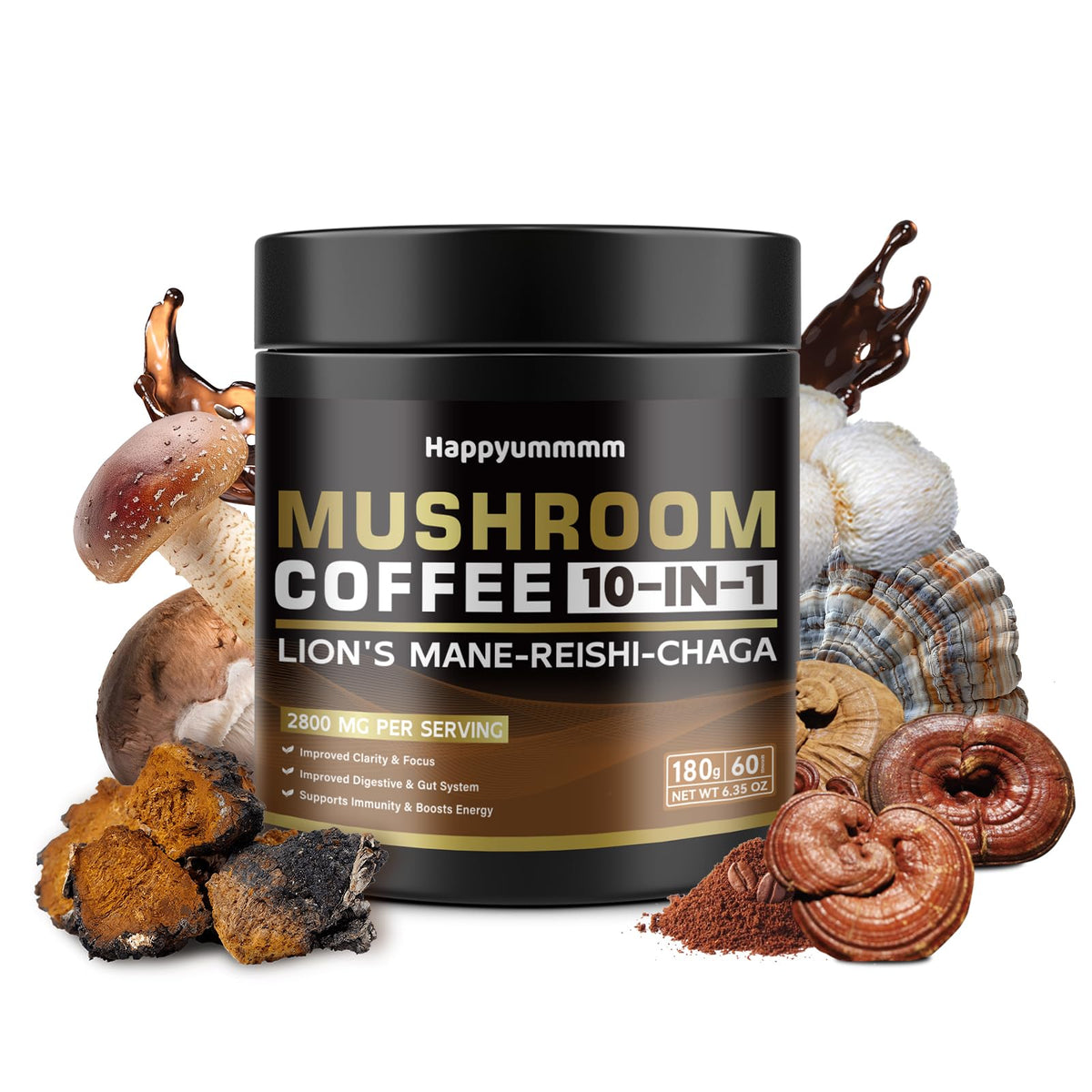 Happyummmm tasse café champignons, parfaite pour une pause réconfortante et concentrée.
